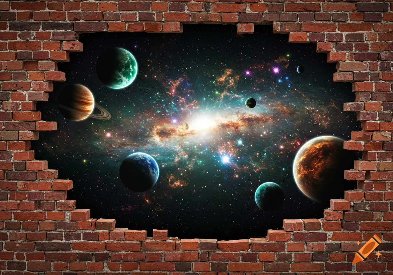A broken brick wall frames a vibrant view of a galaxy with numerous colorful planets and stars in deep space.