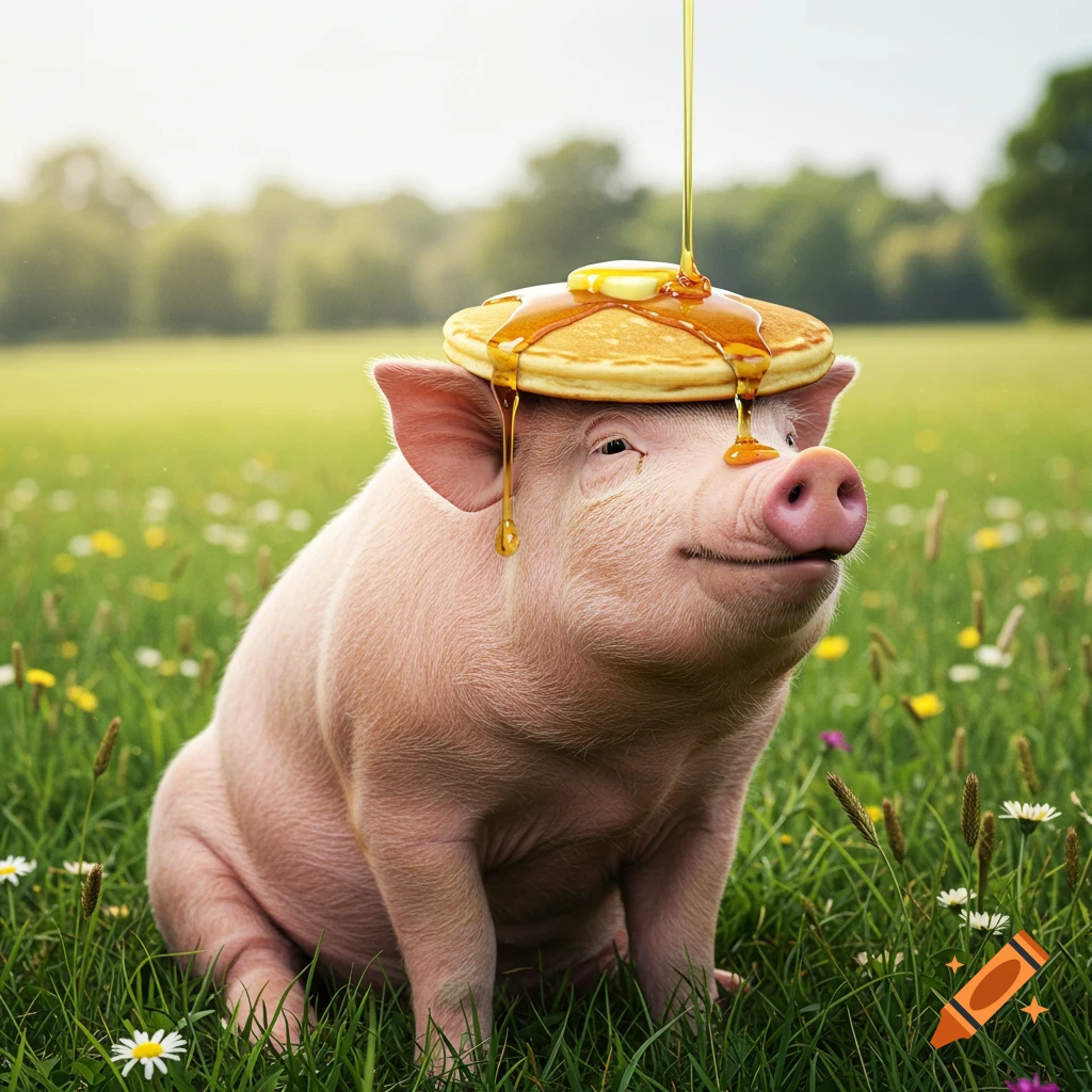 A happy pig sits in a green field with a pancake, butter, and syrup on its head, with syrup dripping down its face.