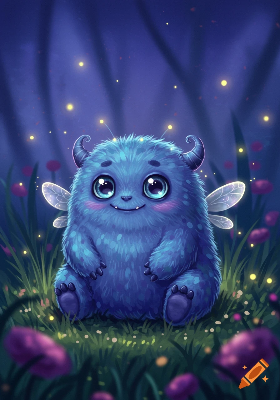 Fluffy blue monster with big eyes and fairy wings sitting in a whimsical night forest with glowing fireflies and purple flowers, illustration.