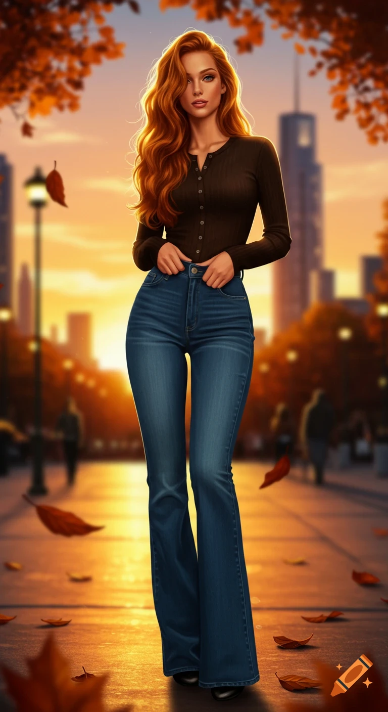 A tall woman with long red hair, wearing a dark top and flare jeans, stands on an autumnal city street at sunset, digital art.