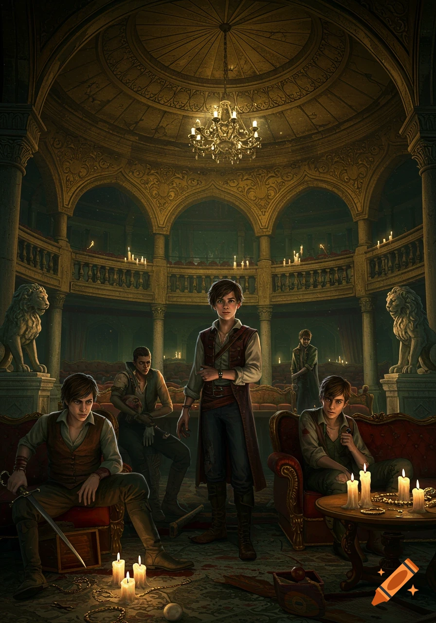 A group of young men in period attire gather in a grand, domed hall lit by candles and a chandelier, with lion statues.