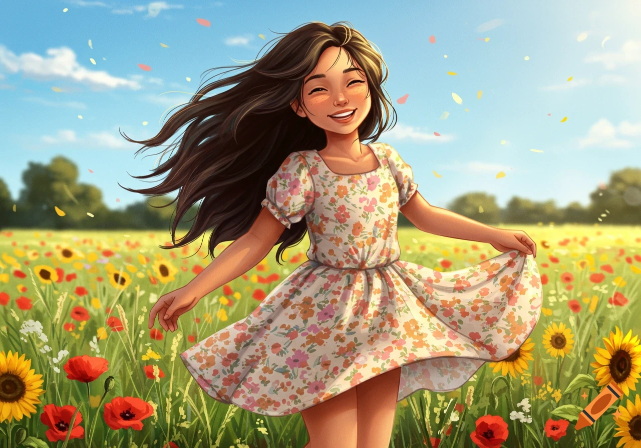 A happy cartoon girl with long dark hair spins in a vibrant field of sunflowers and red poppies under a blue sky.