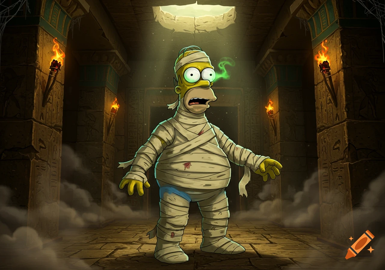 Homer Simpson as a mummy in an ancient Egyptian tomb, with green mist coming from his mouth, surrounded by torches and hieroglyphics.