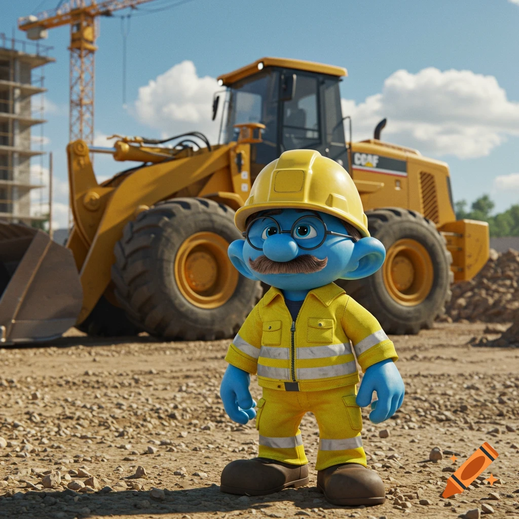 A Smurf in yellow construction gear, hardhat, glasses, and mustache stands before a yellow wheel loader at a construction site.