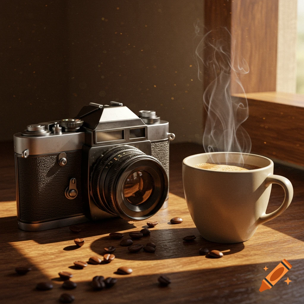 A vintage camera and a steaming cup of coffee with scattered beans on a sunlit wooden table next to a window.
