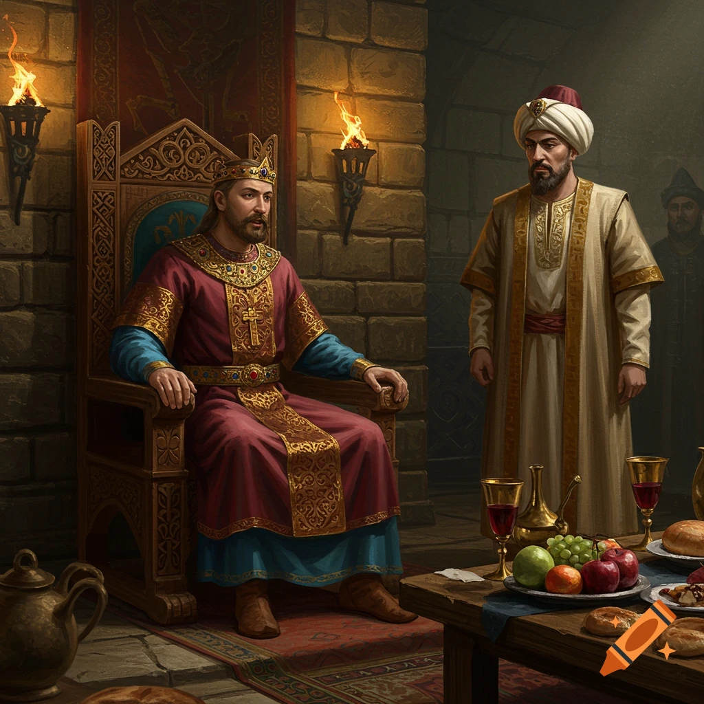 A grand prince in rich robes sits on a throne, facing an imam in a turban across a table laden with food and wine in a medieval hall.