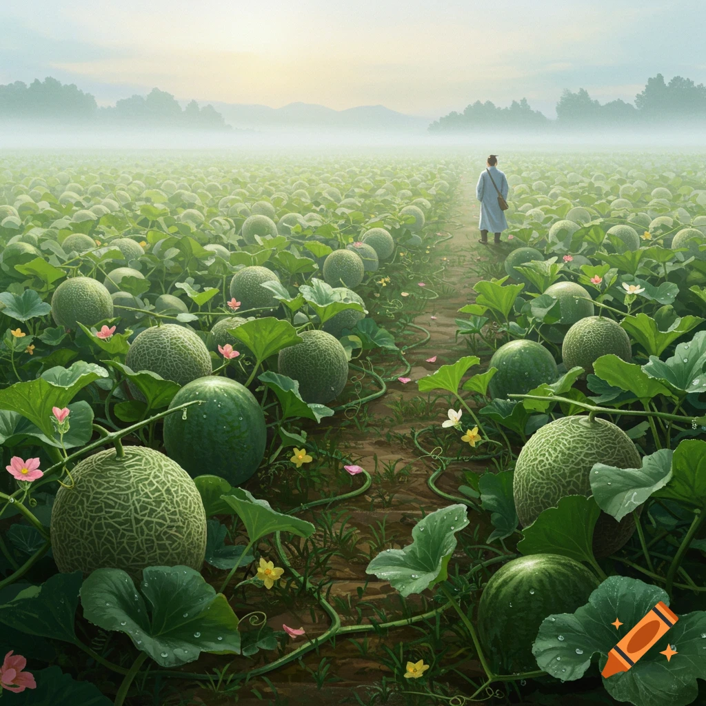 A person in a white robe walks down a dirt path through a vast field of green melons and foliage under a misty sky.
