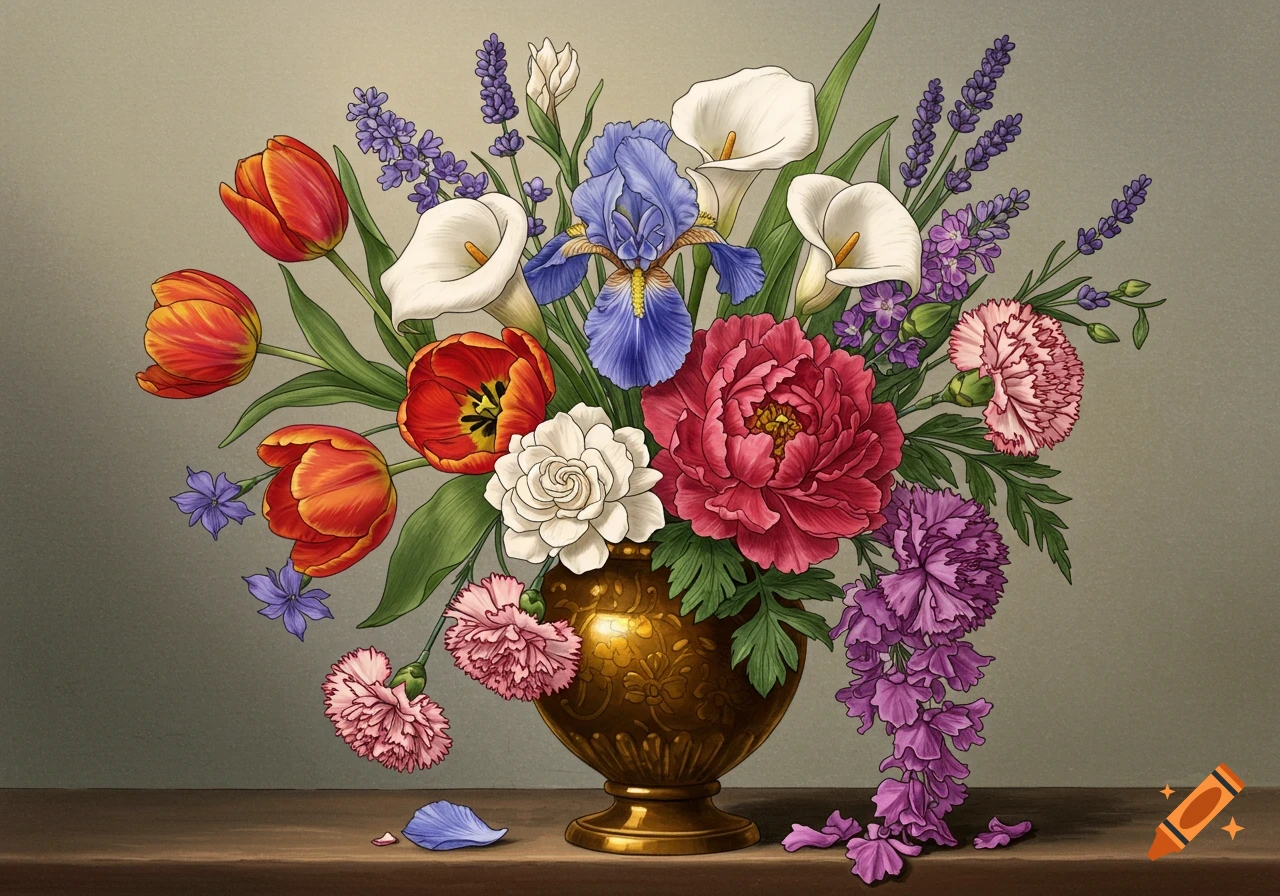 A vibrant illustration of a bouquet with red tulips, white calla lilies, a blue iris, a white gardenia, pink carnations, and purple lavender in a golden vase.