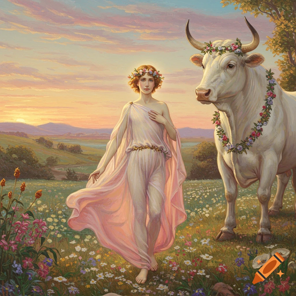 A woman in a flowing pink dress and flower crown stands beside a white bull with flowers in a meadow at sunset, classical painting style.