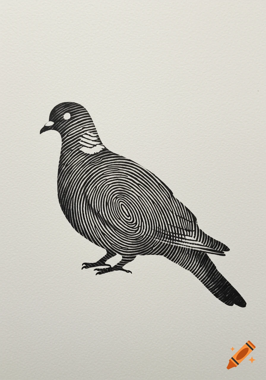 A black and white stylized illustration of a wood pigeon, its body formed by a fingerprint pattern, on a textured background.