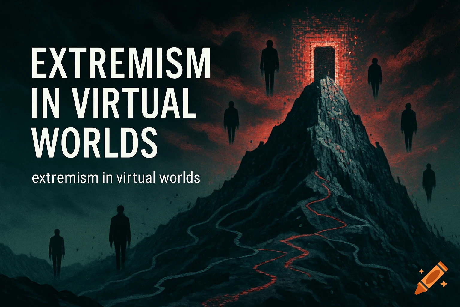 A dark, stylized mountain with a glowing red portal at its peak and floating shadowy figures. Text reads 'EXTREMISM IN VIRTUAL WORLDS'.
