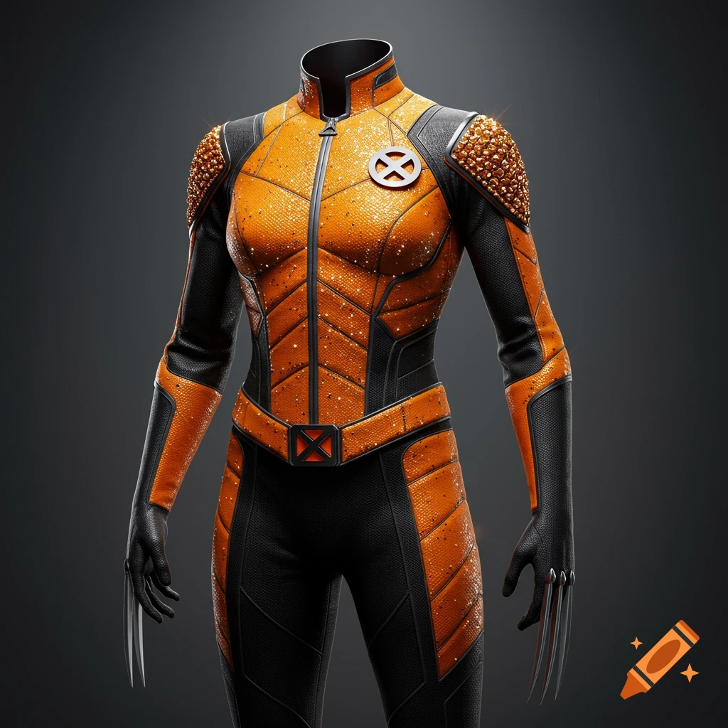 A bedazzled orange and black X-Men uniform with an X-Men logo on the chest and belt, and claws on the hands.