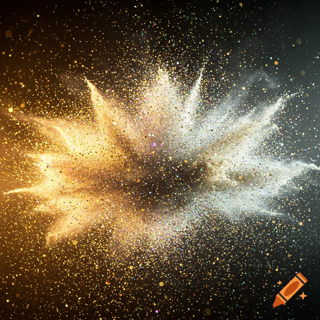 A vibrant explosion of golden and silver glitter and sparkling particles against a dark background.