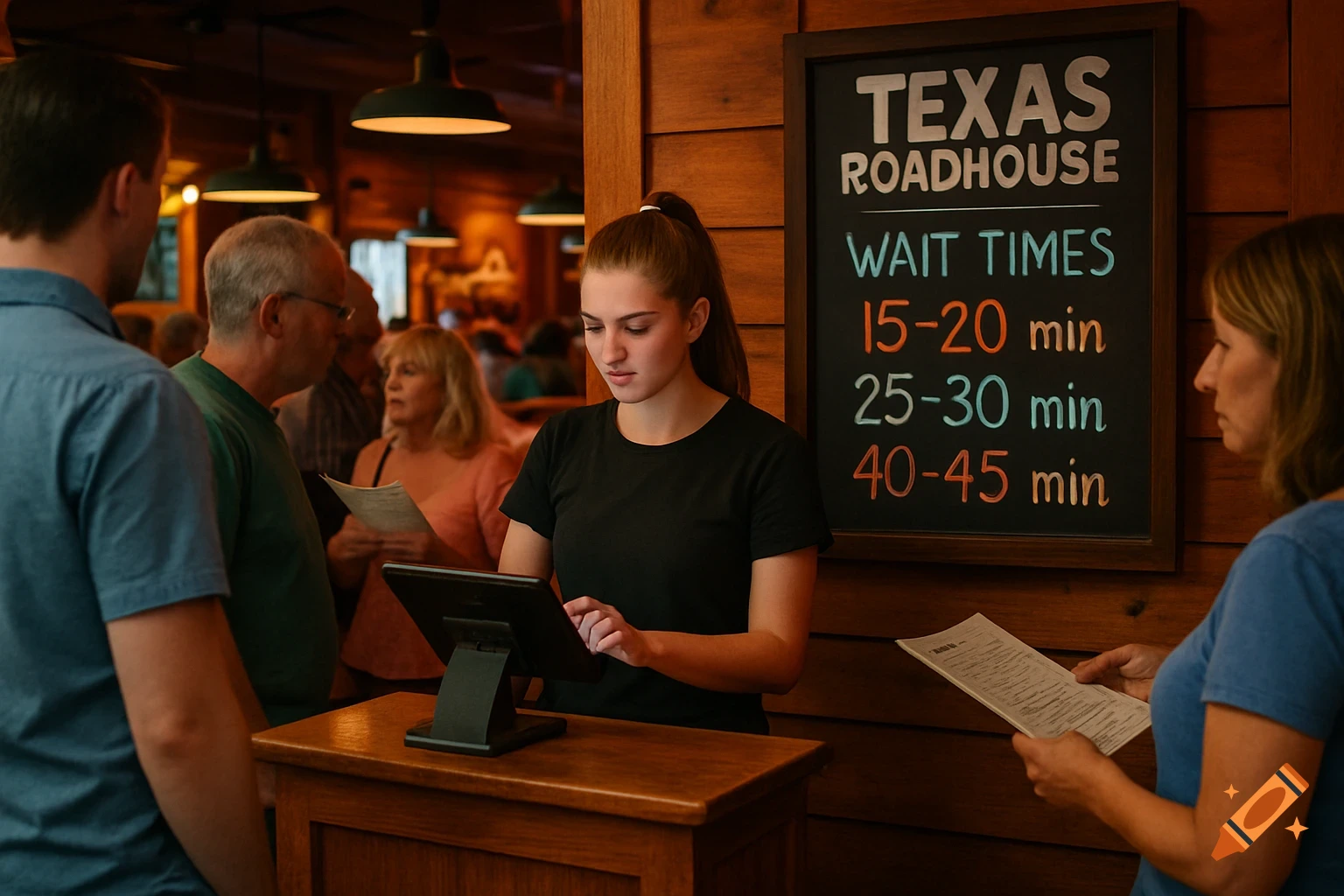 A hostess at Texas Roadhouse uses a tablet while customers wait near a sign showing wait times. Photorealistic.
