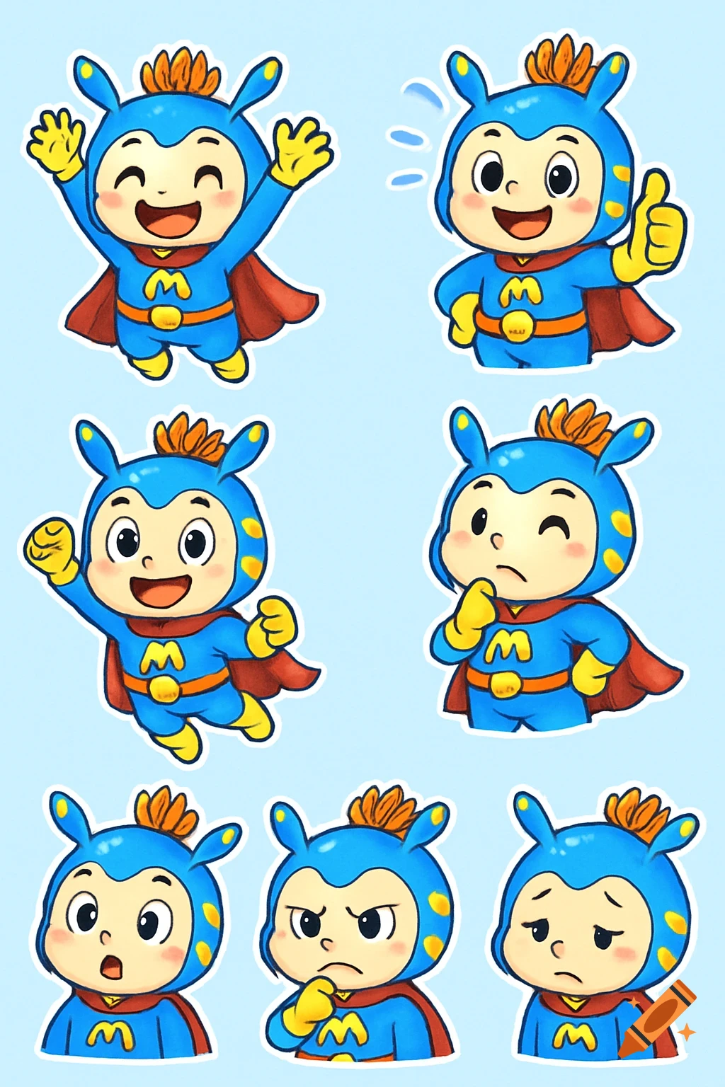 Cartoon stickers of a blue superhero character with an orange crest and red cape, displaying various emotions and poses.