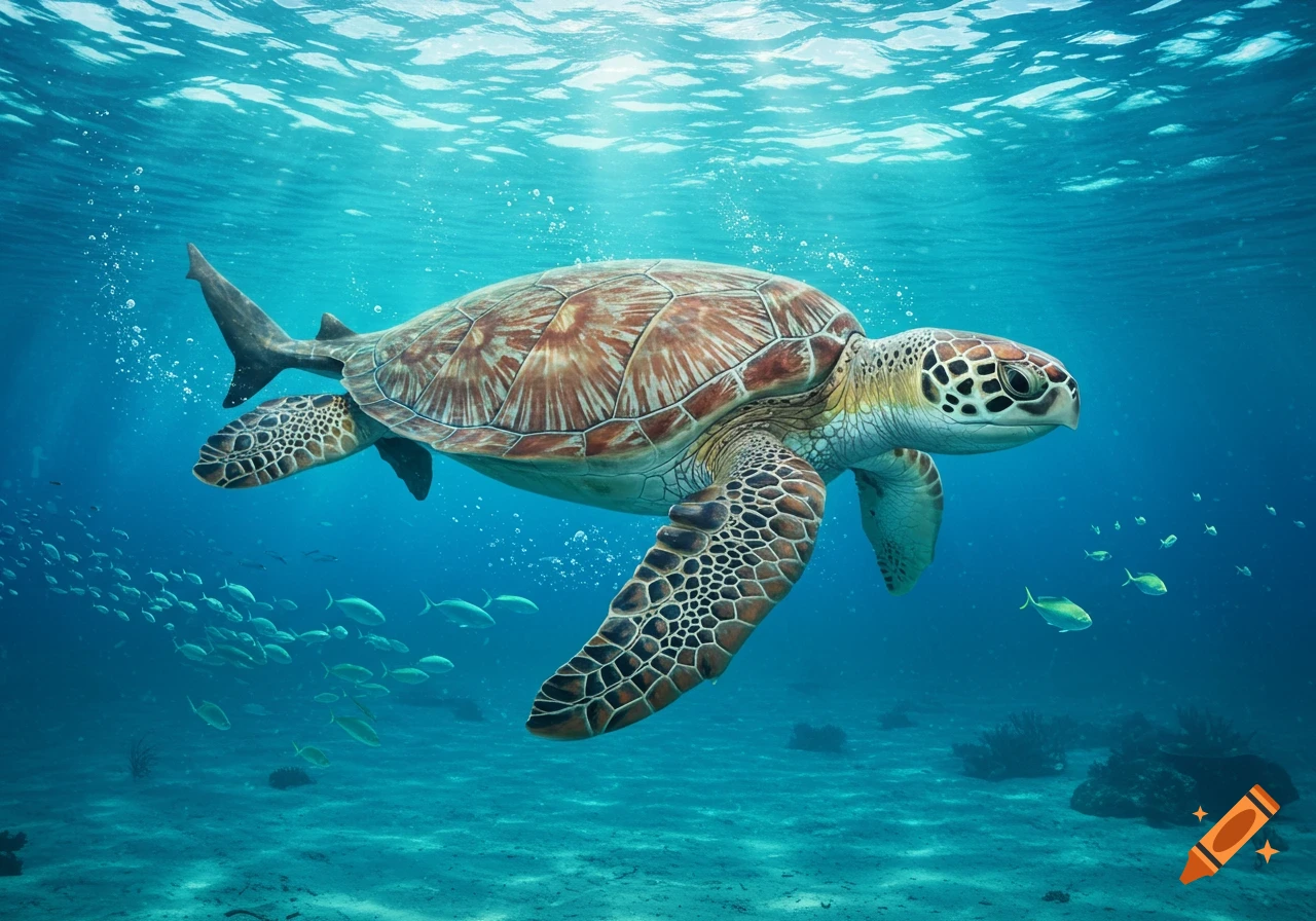 A photorealistic sea turtle swims in clear blue ocean water with schools of fish in the background.