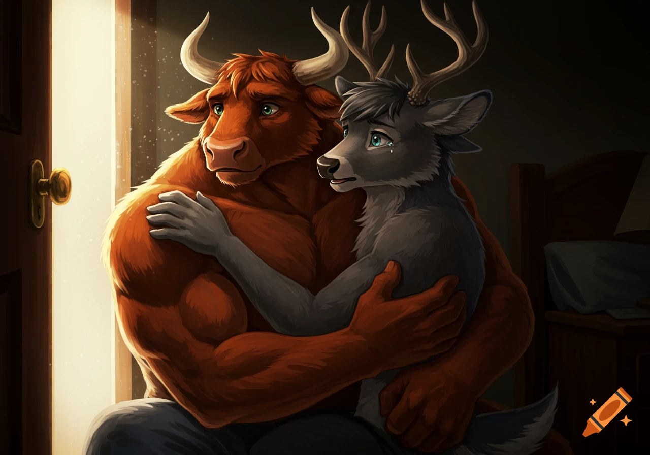 A muscular red bull furry embraces a grey deer furry, both tearful and shocked, as light enters their dark bedroom.