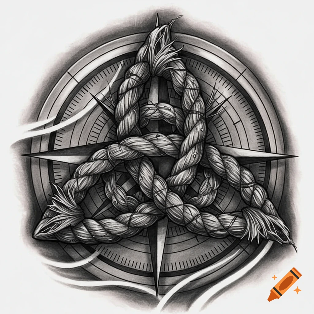 A realistic black and white tattoo design of a triquetra knot made from worn ship rope over a compass rose.