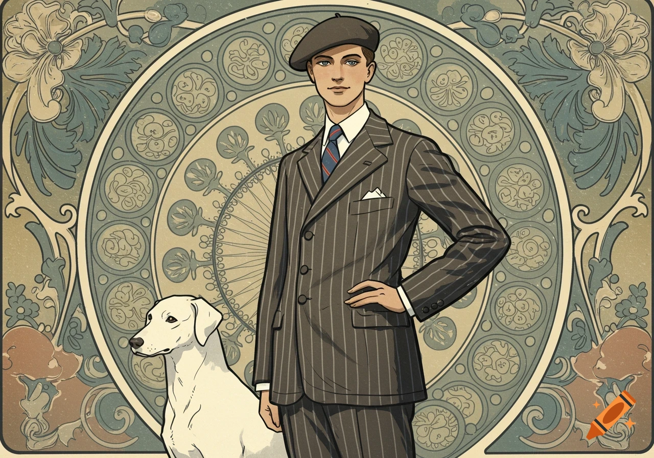 Art Nouveau illustration of a man in a pinstripe suit and beret standing with a white dog against a patterned background.