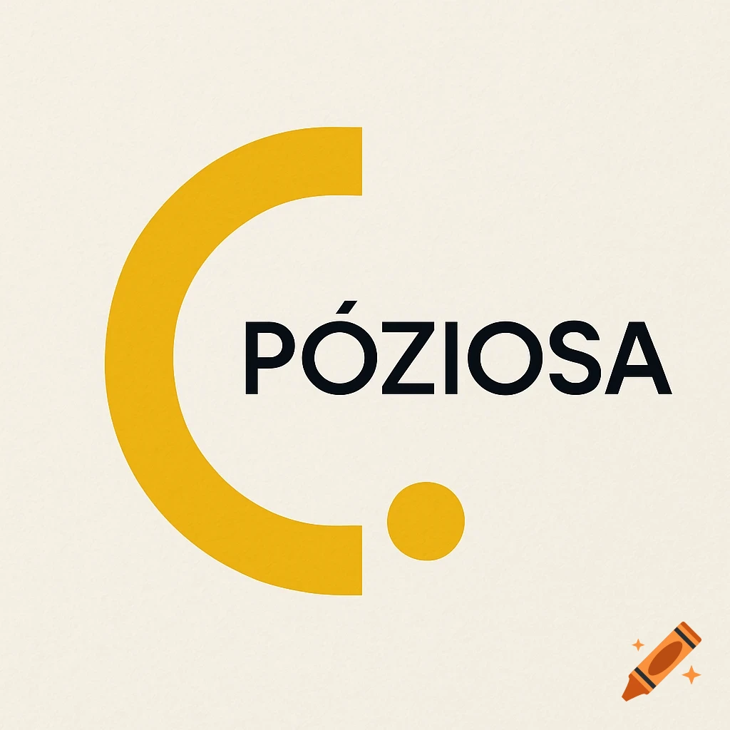 A minimalist logo with a yellow incomplete circle and a dot, next to the black text 'PÓZIOSA' on a light background.