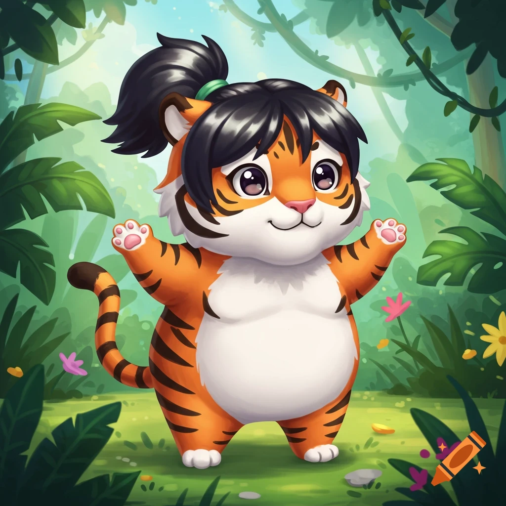 A cute, chubby, cartoon chibi tiger character with a black ponytail stands in a jungle with arms outstretched.