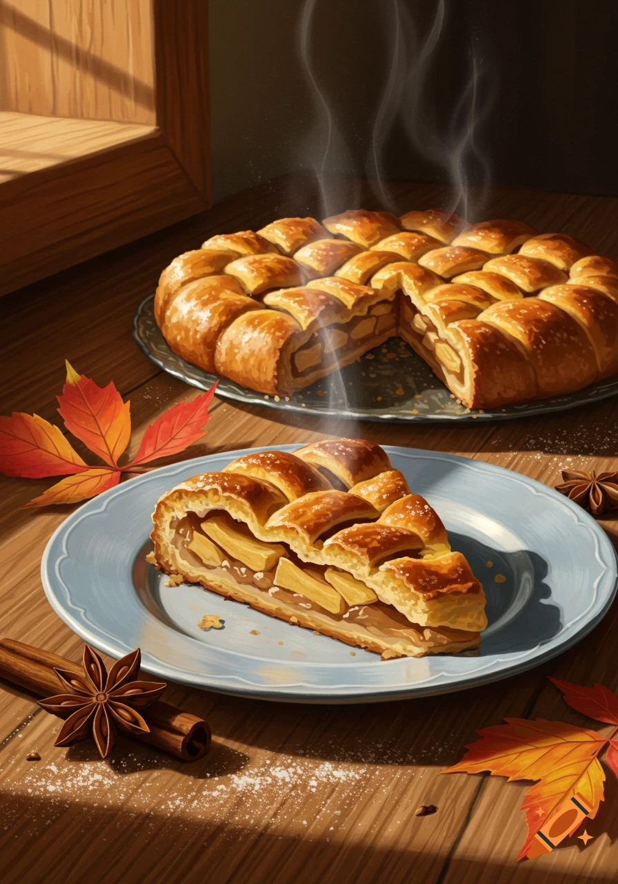 A slice of steaming apple pie on a blue plate, with a whole pie in the background, autumn leaves, cinnamon sticks, and star anise on a wooden table.