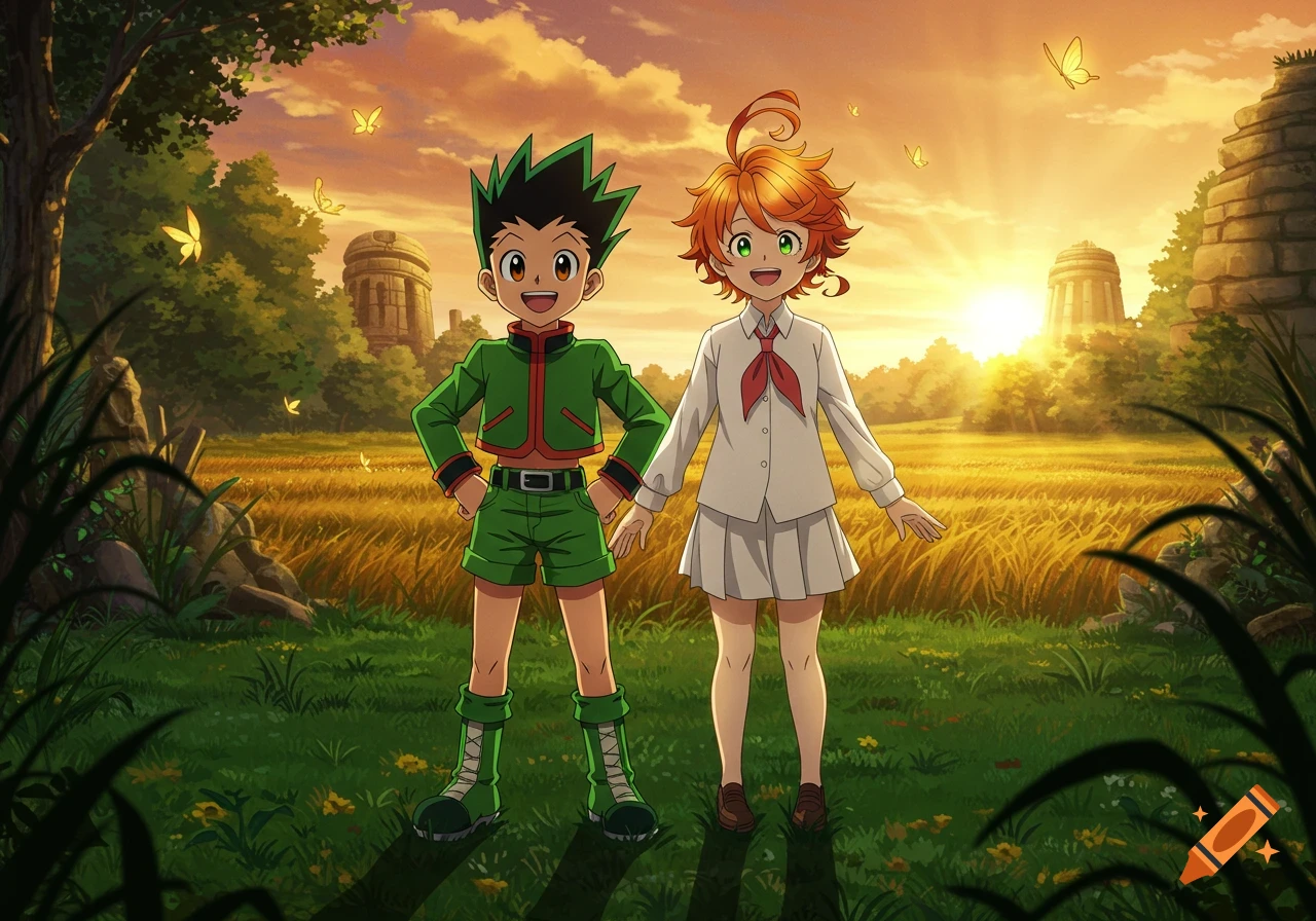 Gon Freecss and Emma stand in a golden field at sunset with butterflies in an anime style.