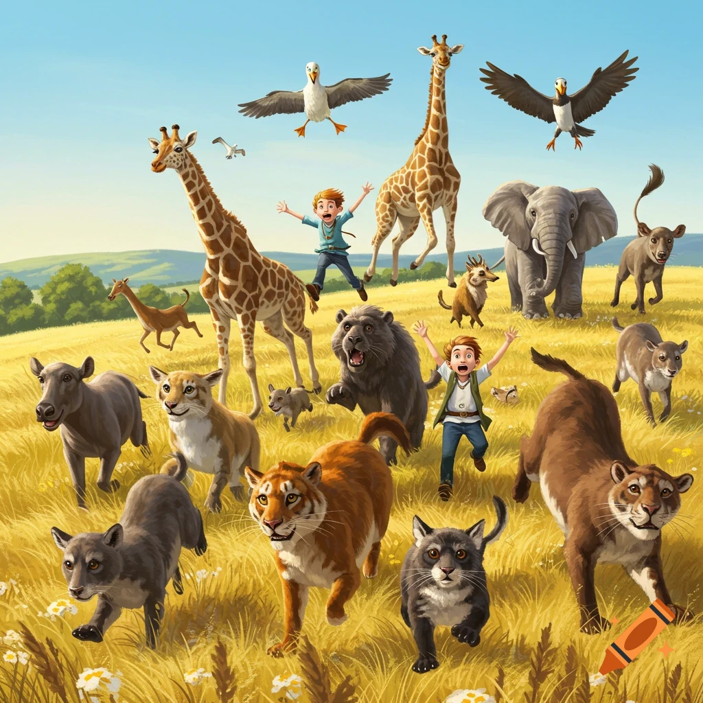 Illustrated scene of various wild animals and two children running through a golden grassy field under a blue sky.