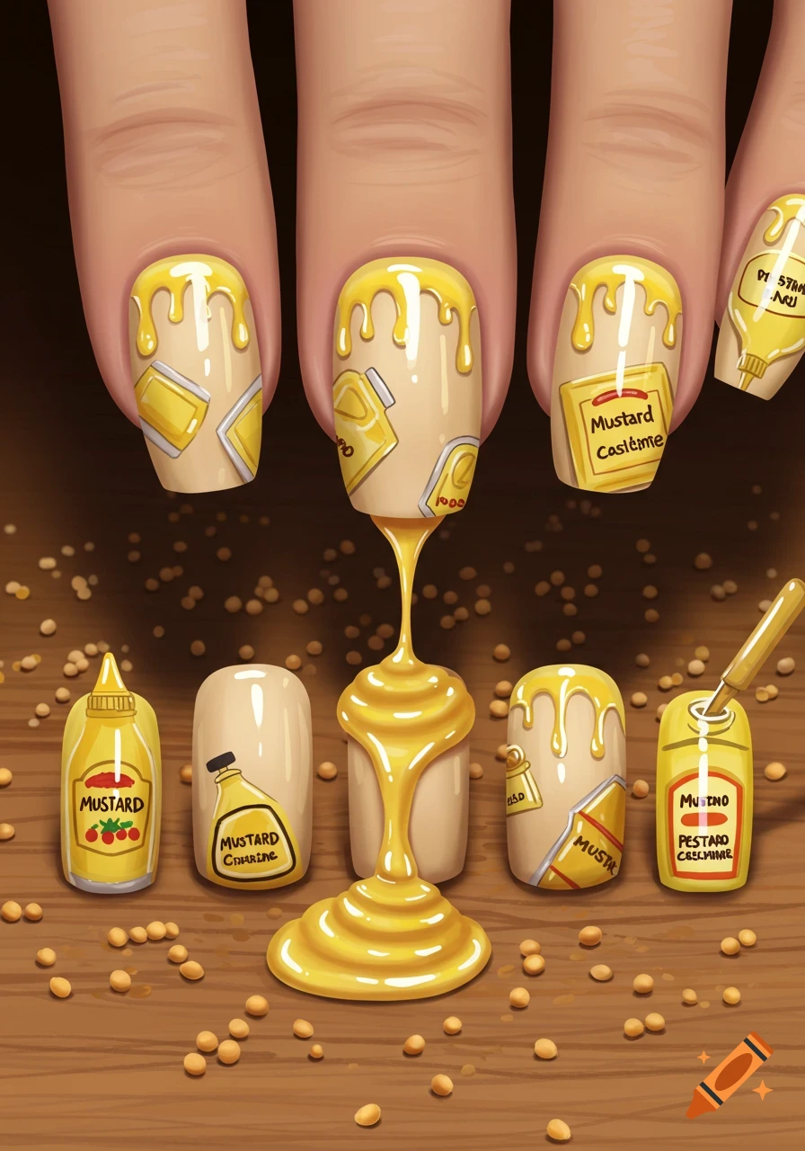 Fingers with mustard-themed nail art, showing yellow dripping polish and miniature mustard bottles on a wooden surface with mustard seeds.