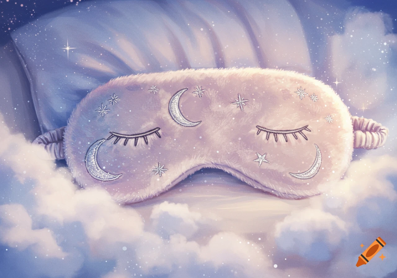 Fluffy pink sleeping mask with embroidered closed eyes, moons, and stars, on a pillow among glowing clouds and stardust.