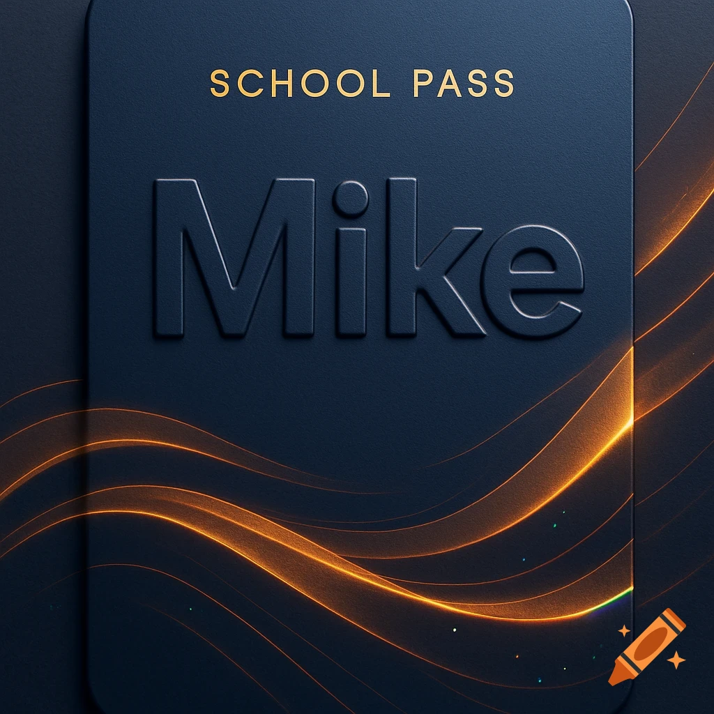 A dark blue school pass with 'SCHOOL PASS' in gold and an embossed 'Mike' on it, accented with glowing orange wavy lines.