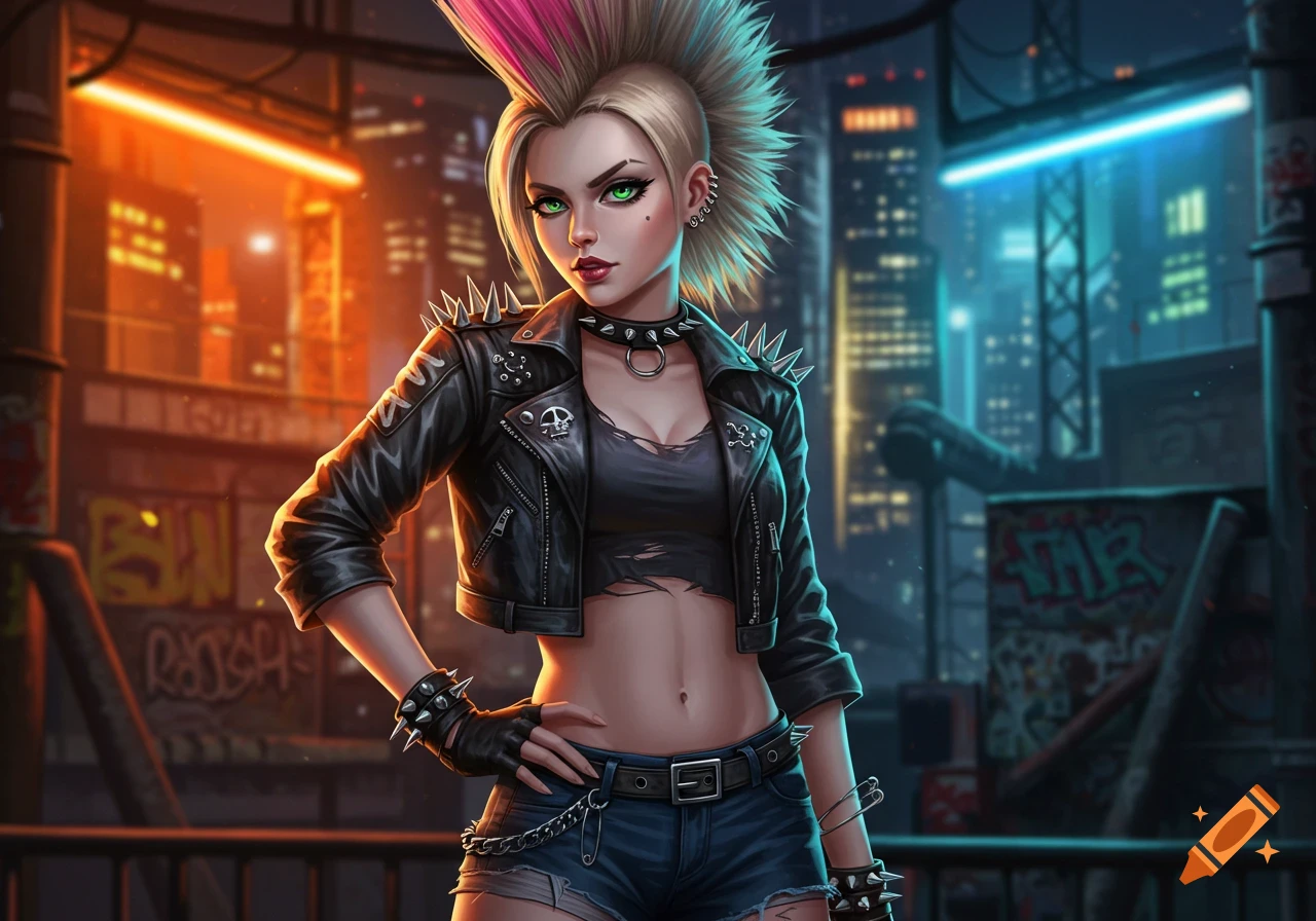 An illustrated punk girl with a blonde and pink mohawk, green eyes, black leather jacket, crop top, and denim shorts stands in a neon-lit city alley.