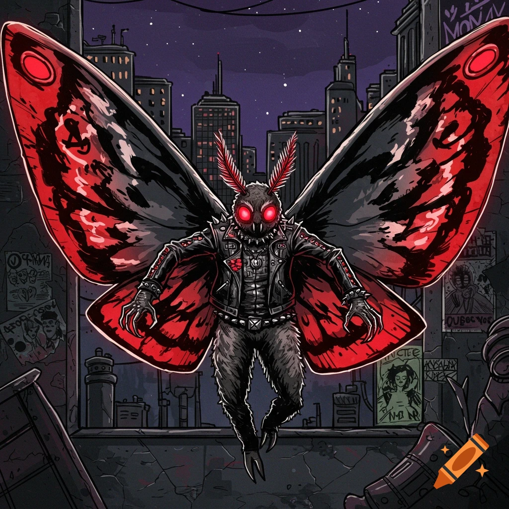A punk rock Mothman with glowing red eyes, wearing a spiked leather jacket and large red and black wings, hovers over a dark, grungy city street.