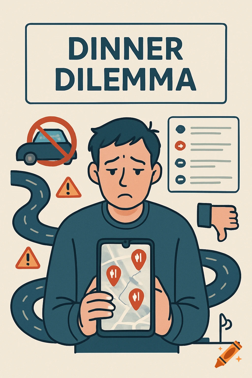 A sad cartoon man holds a smartphone displaying a map with food pins, surrounded by a 'no car' sign, warning triangles, a checklist, and a thumbs-down, illustrating a 'DINNER DILEMMA'.