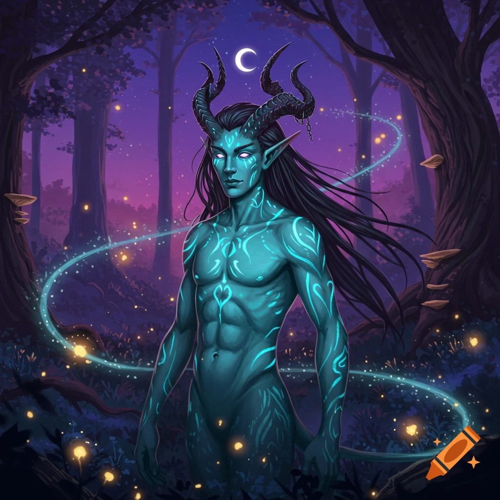 A blue-skinned, horned elf-like figure with glowing tribal patterns stands in a dark fantasy forest under a crescent moon.