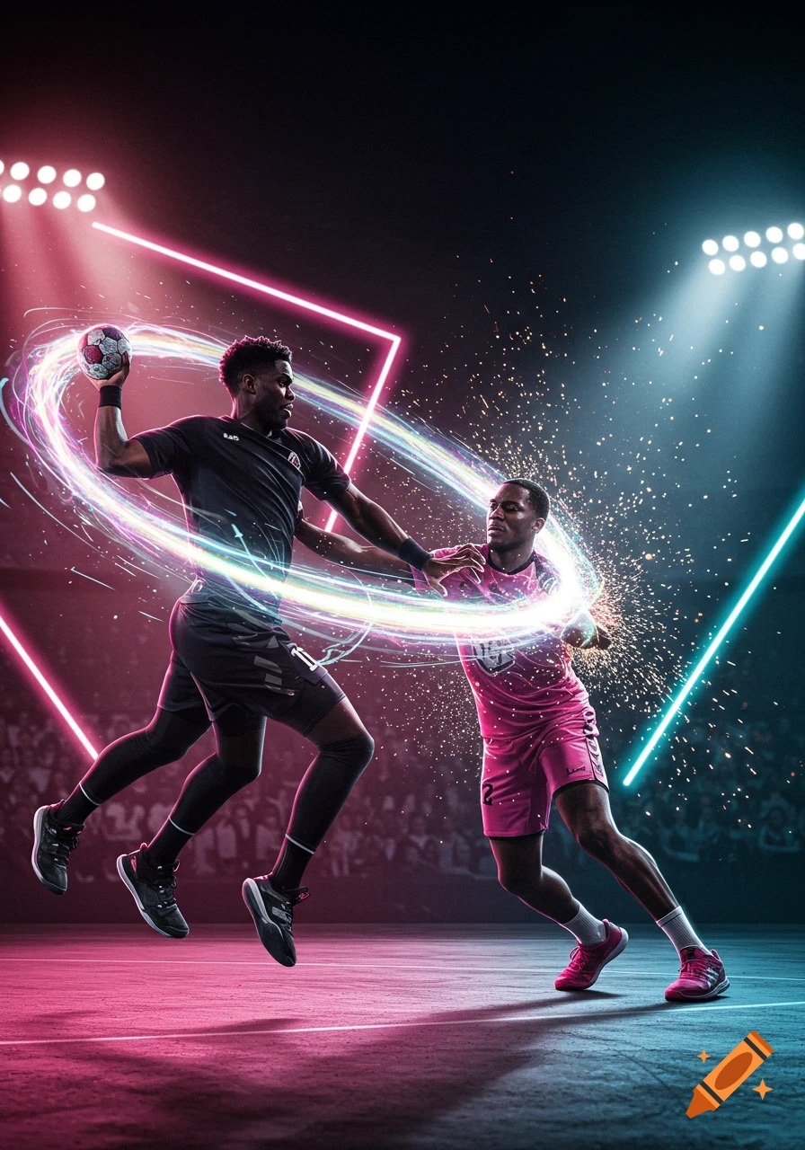 Two handball players in a dynamic, neon-lit sports arena. One in black prepares to throw, while another in pink defends.