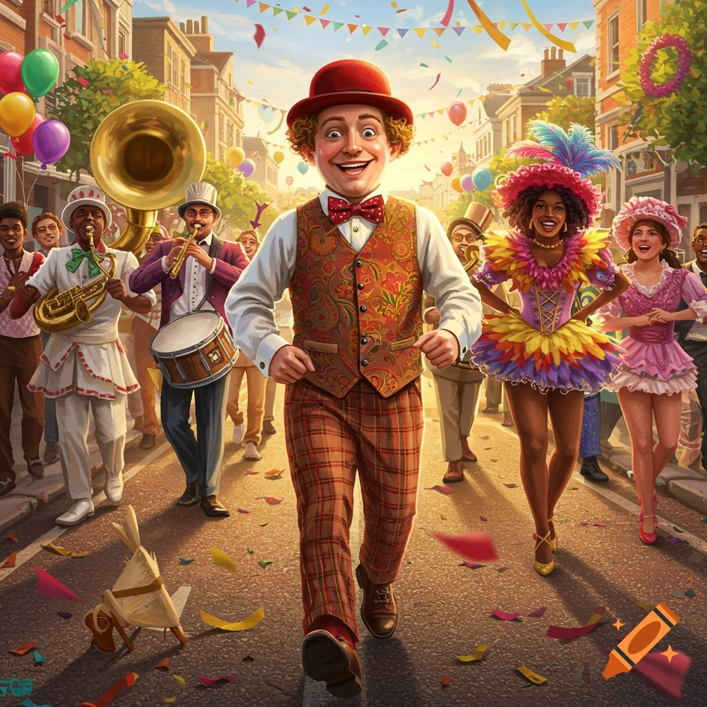 Vibrant illustration of a man in a red hat and vest leading a festive street parade with musicians, dancers, confetti, and balloons.