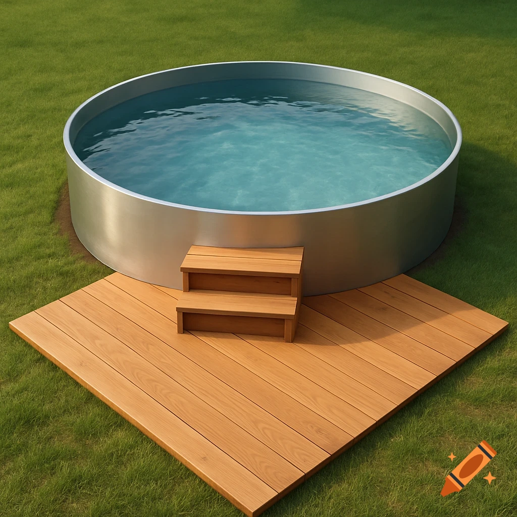 A round stainless steel pool with blue water sits on green grass, next to a rectangular wooden deck with two steps.
