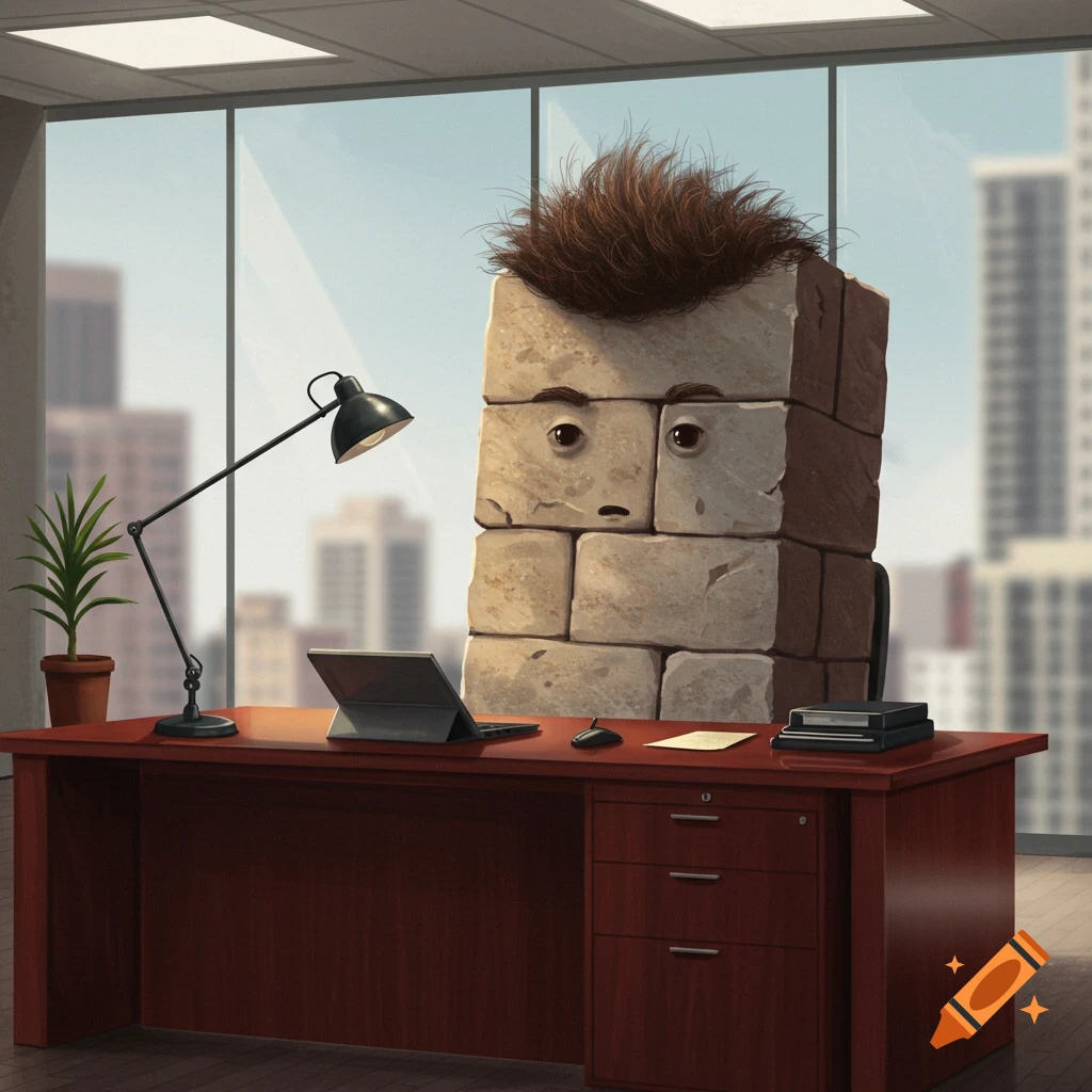 A personified stone brick with messy brown hair sits behind a wooden desk in an office overlooking a city skyline.