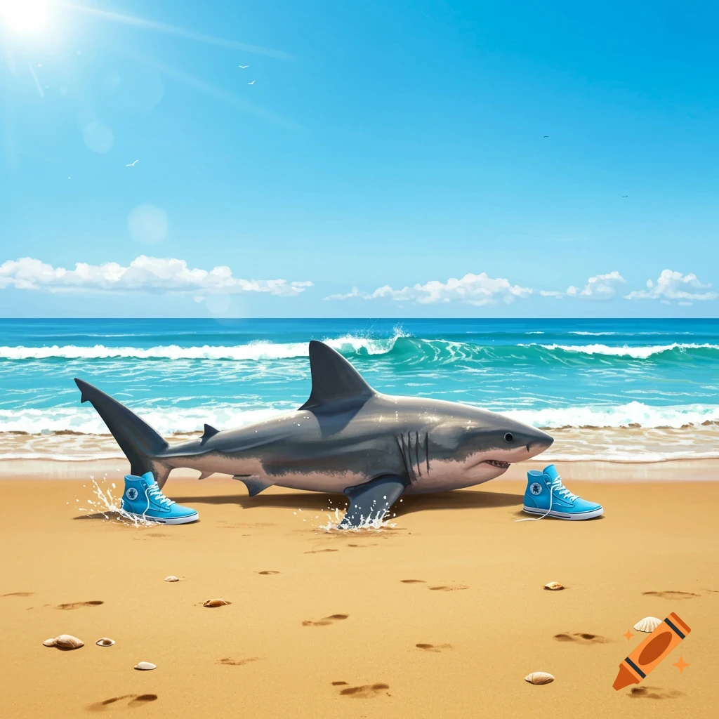 A large gray shark wearing blue high-top sneakers stands on a sandy beach next to the ocean under a bright blue sky.
