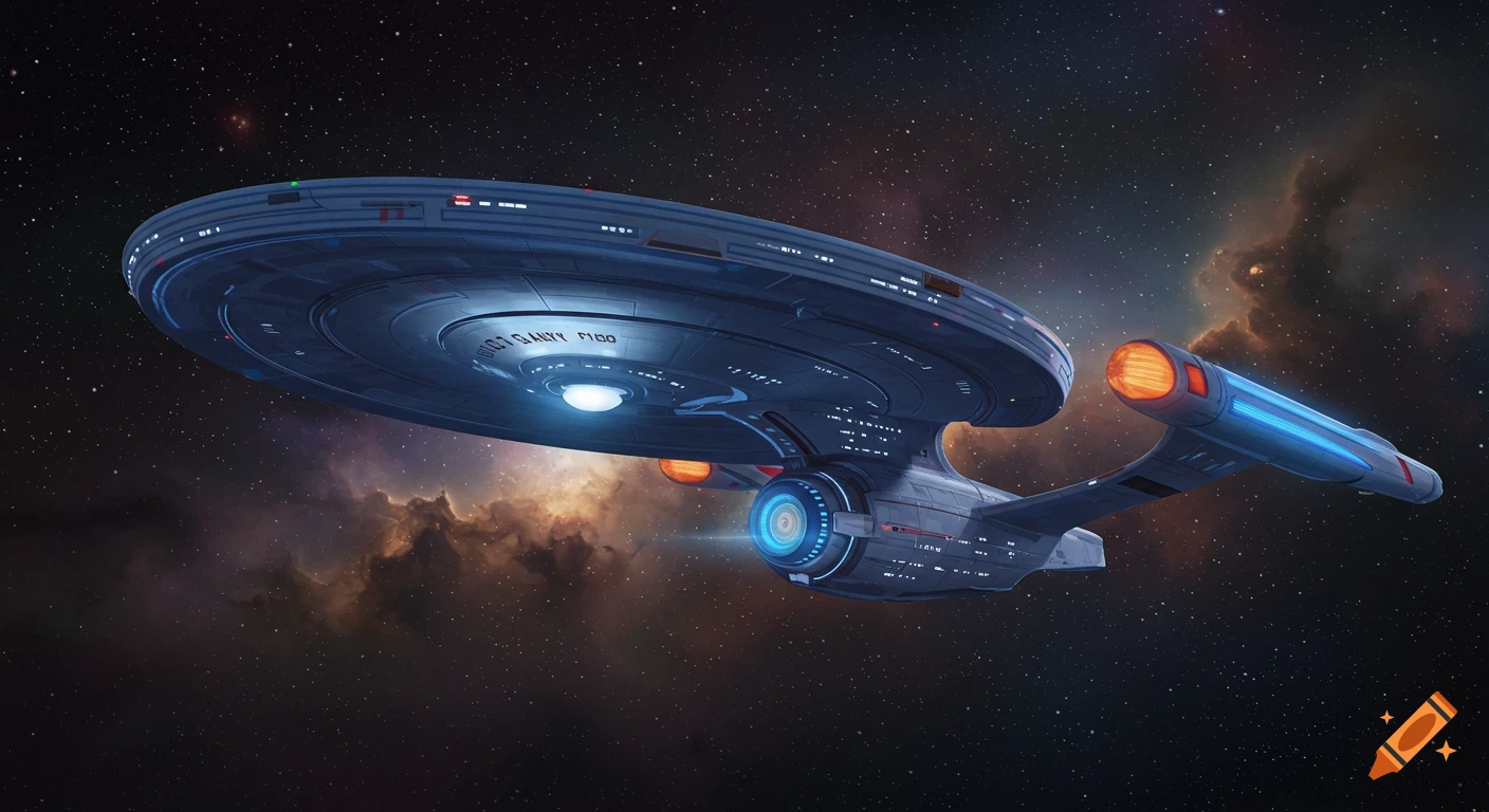 A futuristic Star Trek-style starship with a wide saucer and integrated warp pods flies through space past a nebula.