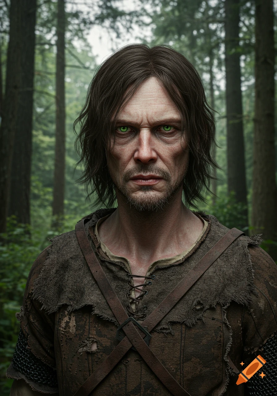 Photorealistic portrait of a gaunt man with bright green eyes and shaggy brown hair, in worn medieval clothes, against a forest background.