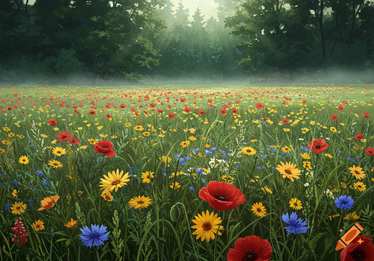 A vibrant field of red, yellow, and blue wildflowers with tall green grass, backed by a misty forest in a painterly style.