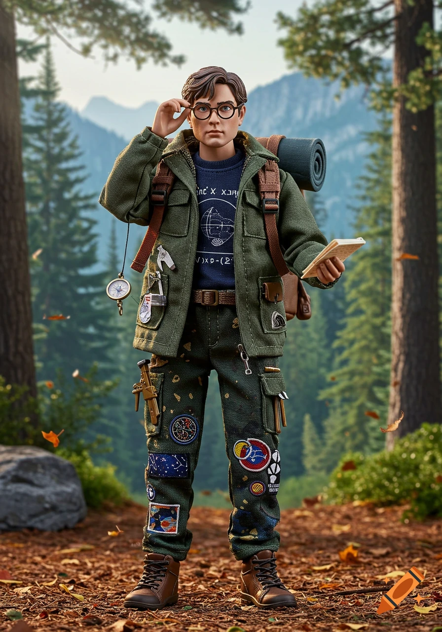 A photorealistic action figure of a nerdy student in hiking gear, holding a book and adjusting glasses, stands in a forest.