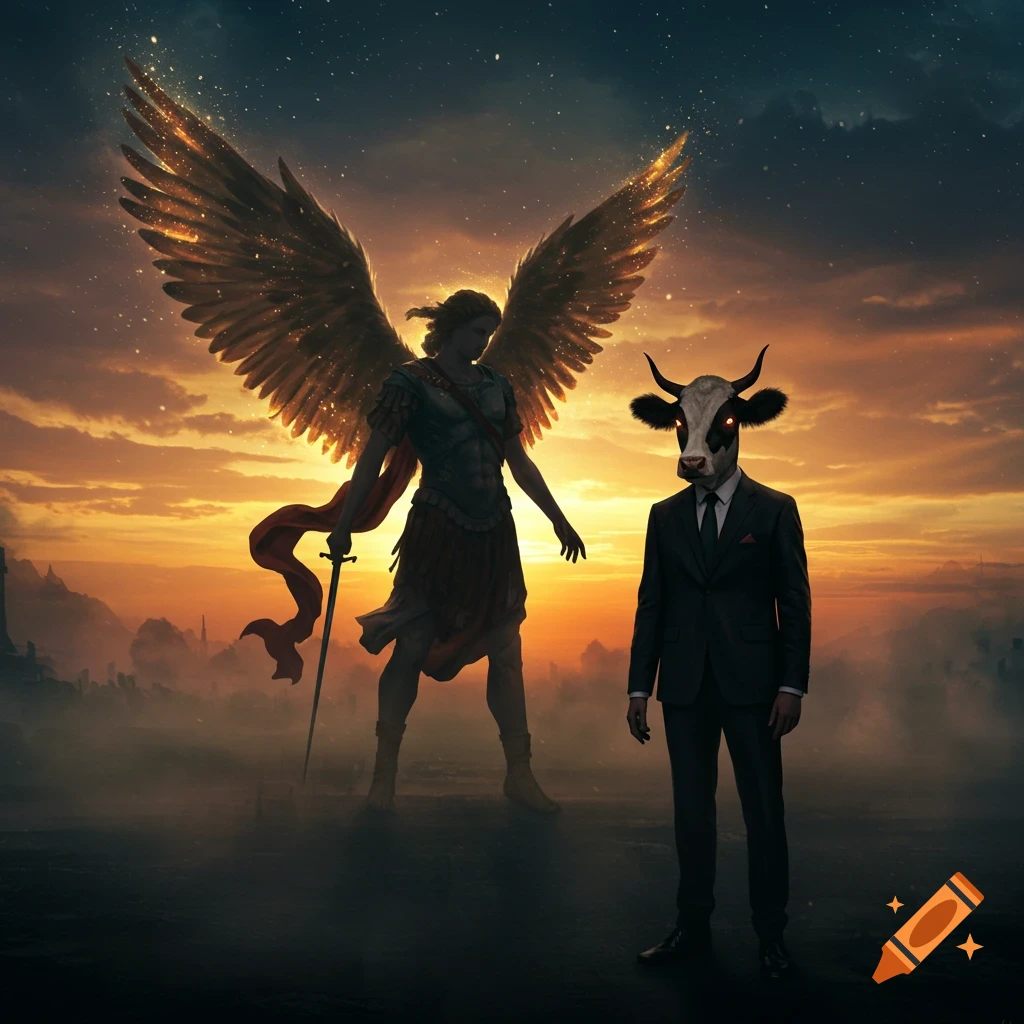 A silhouetted archangel with large, glowing wings stands opposite a man in a suit with a cow's head at sunset.