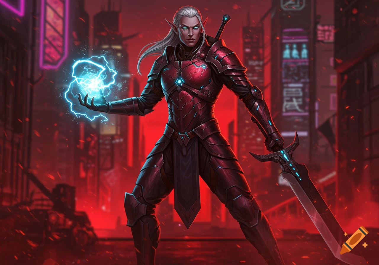 A white-haired futuristic elf in red and black armor holds a glowing blue magic orb and a sword in a neon cyberpunk city.