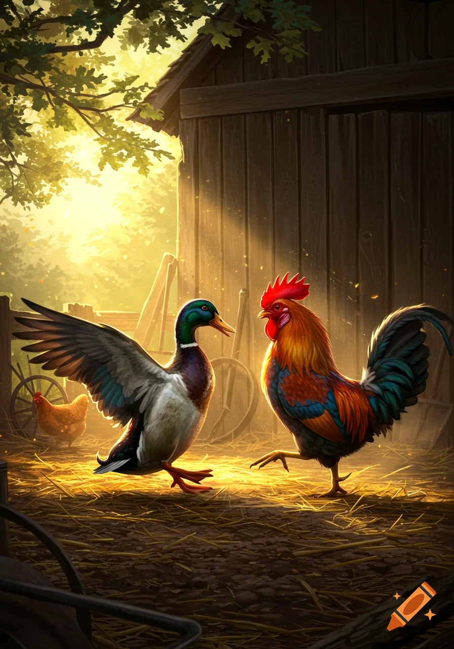 A mallard duck with spread wings faces a colorful rooster in a sunlit barnyard, with a chicken and wooden barn in the background.