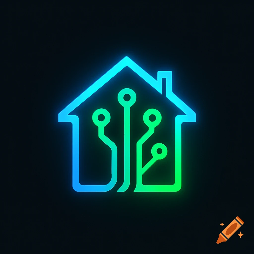 A glowing blue and green house logo with internal circuit board patterns on a dark background.