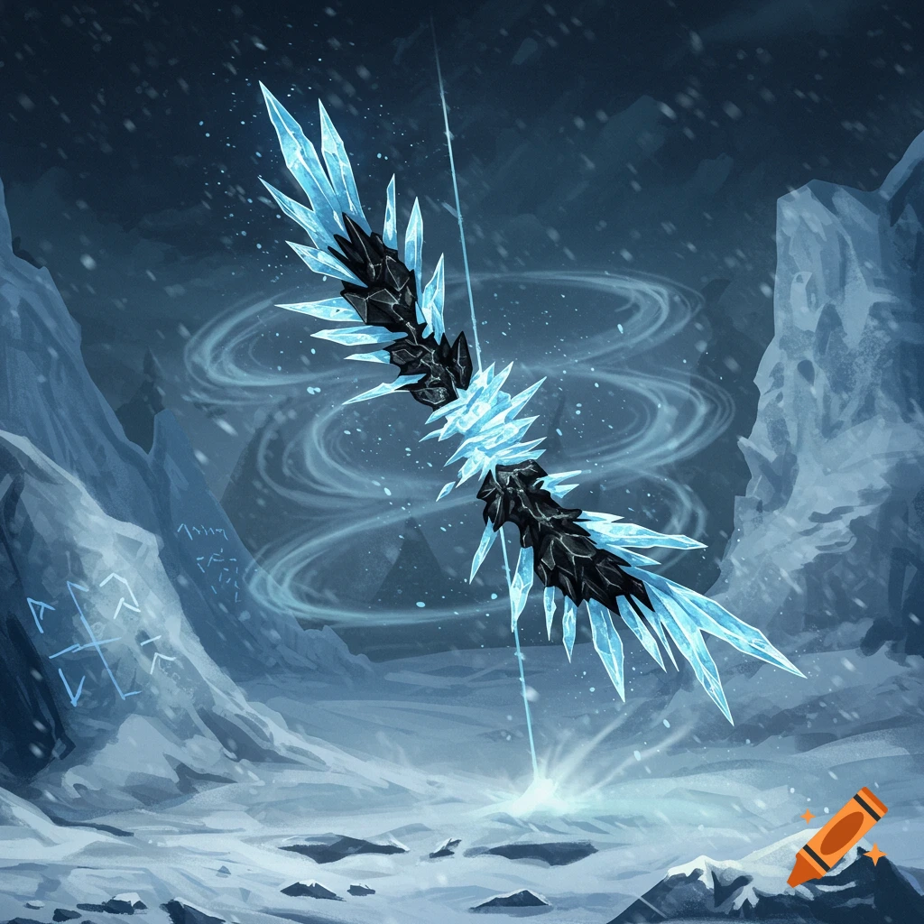 A stylized ice bow with glowing blue crystals and dark segments, set against a snowy mountain background with swirling frosty energy.