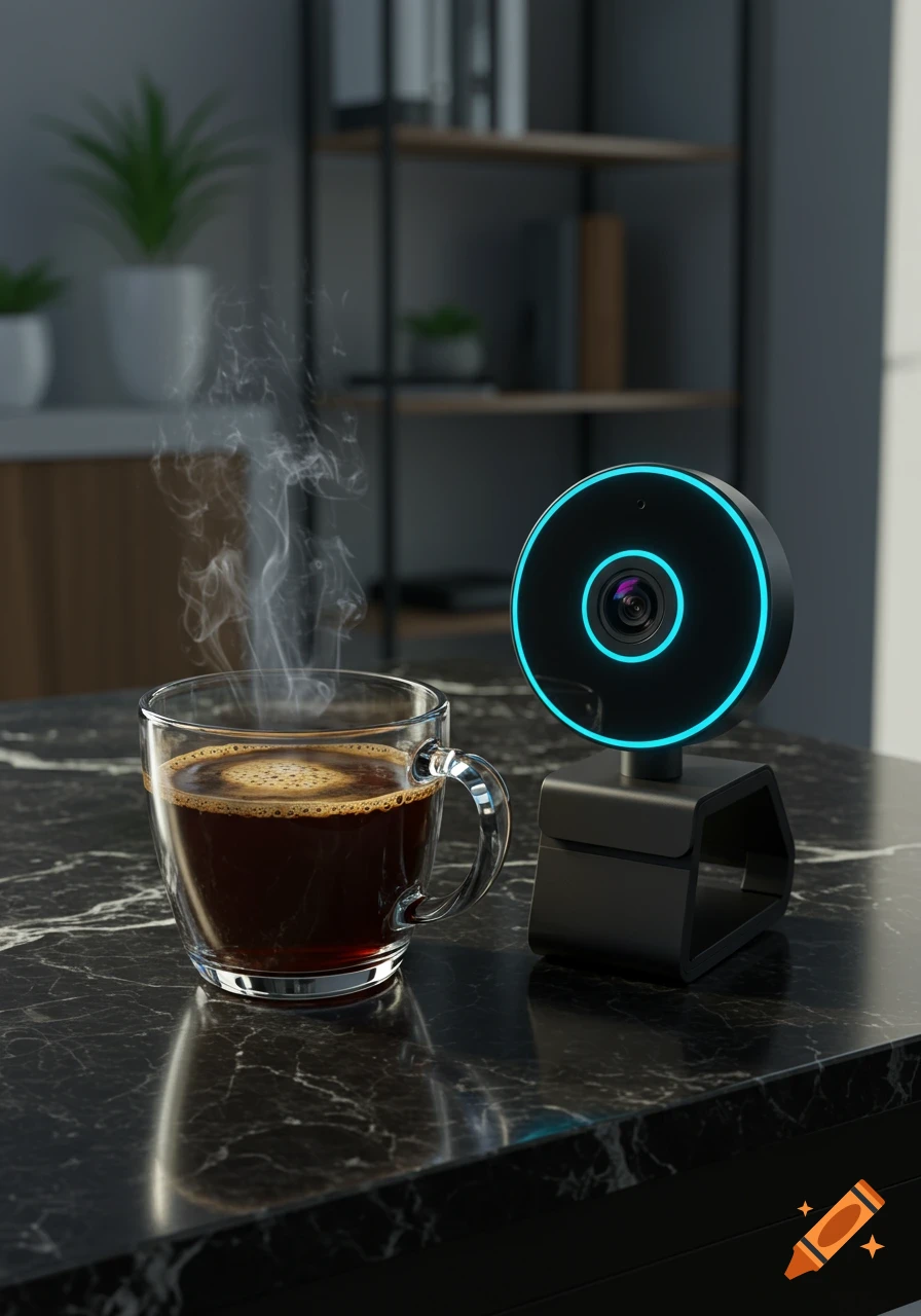 A steaming cup of black coffee sits next to a modern black webcam with a glowing blue ring on a dark marble countertop in a photorealistic style.